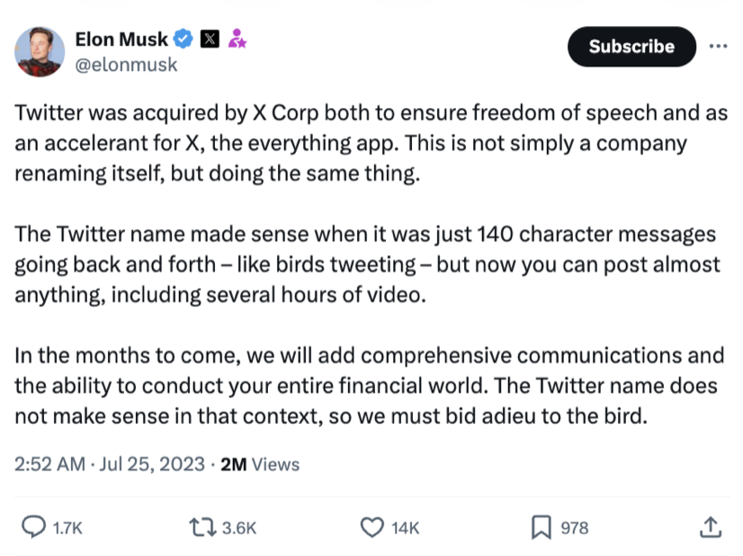 Elon Musk explaining the rebrand